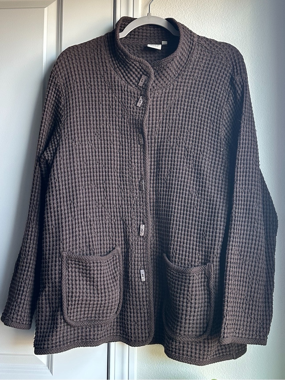 Women's Waffle Knit Button-Front Sweater Jacket - Brown